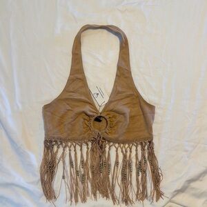 Windsor Beige Fringe Halter Top